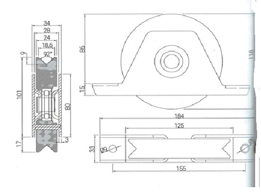 Esquema medidas rueda canal angular 120 mm con soporte atornillar